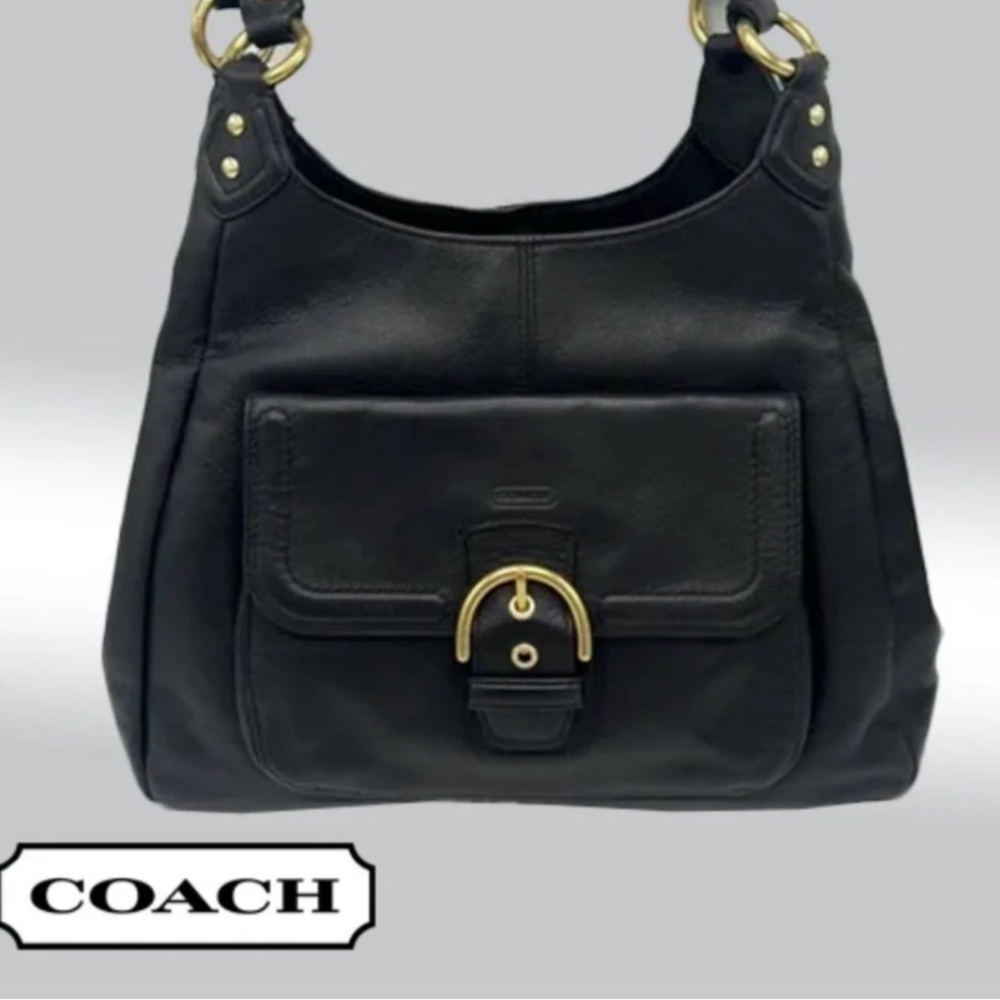 Coach Campbell Leather Hobo Bag Black F24686 Gold Buckle - Classic Coach style🖤